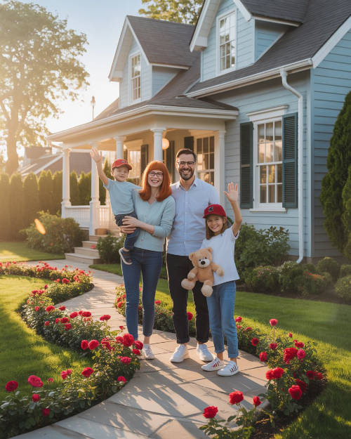 Familie vor Einfamilienhaus